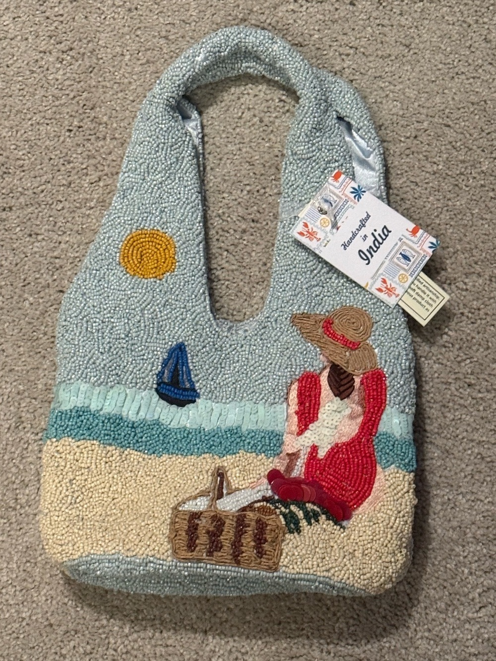 Beaded Beach Scene Hand Bag with Seated Woman Motif - NWT